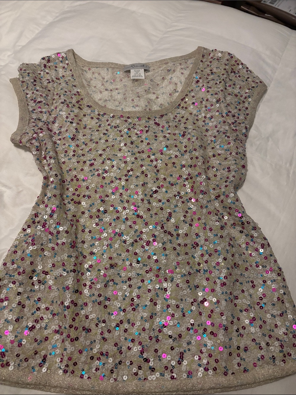 Embellished Scoop Neck Short Sleeve Top - Beige Sequin